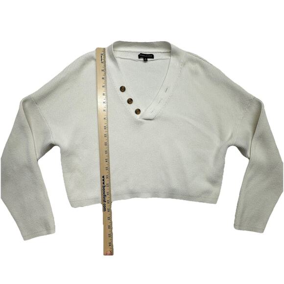 Kendall Kylie Sweater M White Ribbed Cotton Cropped Pullover V-Neck - Picture 4 of 8